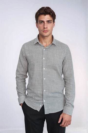 Men's Green Slim Fit Houndstooth Patterned Cotton Shirt | Wessi