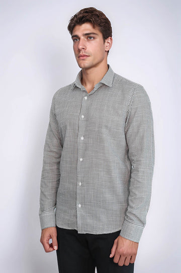 Men's Green Slim Fit Houndstooth Patterned Cotton Shirt | Wessi