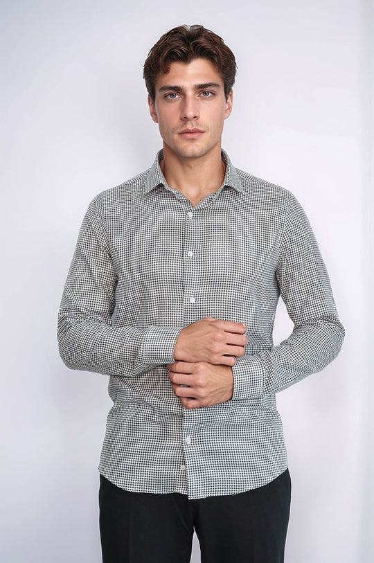 Men's Green Slim Fit Houndstooth Patterned Cotton Shirt | Wessi