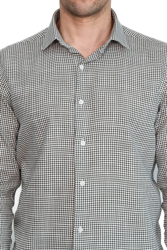 Men's Green Slim Fit Houndstooth Patterned Cotton Shirt | Wessi