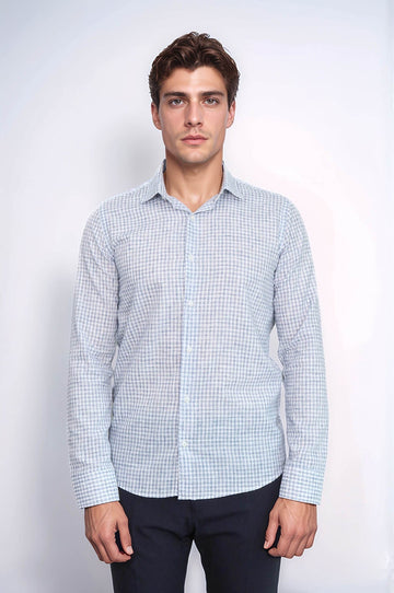 Men's Navy Blue Slim Fit Plaid Cotton Shirt | Wessi