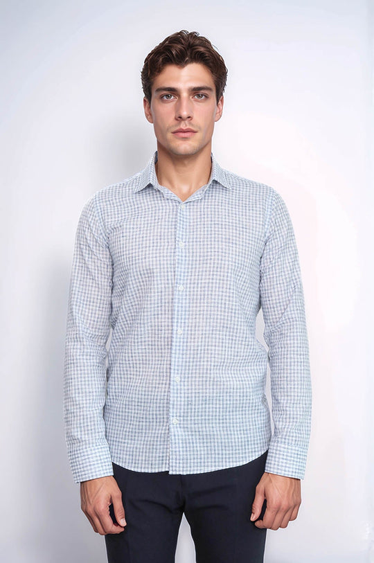Men's Navy Blue Slim Fit Plaid Cotton Shirt | Wessi