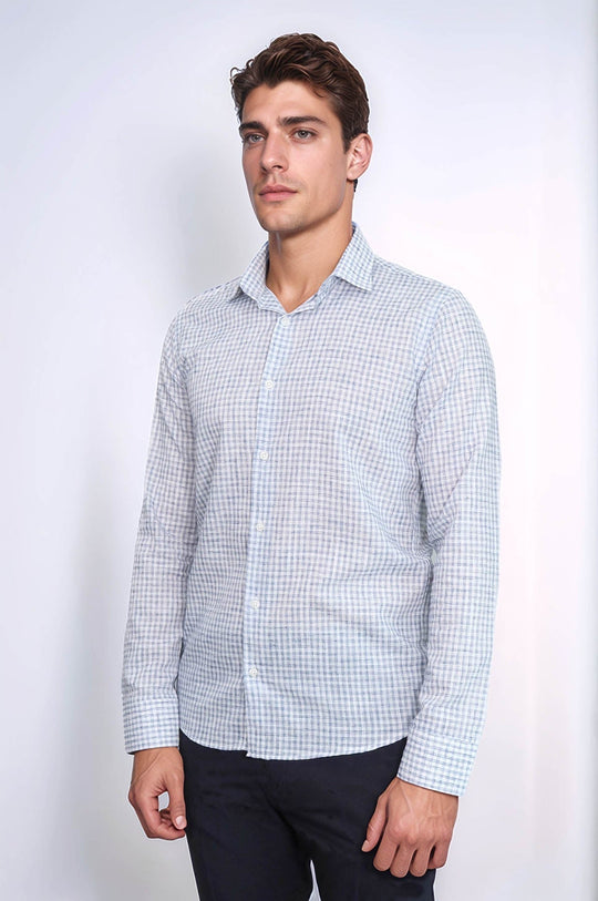 Men's Navy Blue Slim Fit Plaid Cotton Shirt | Wessi