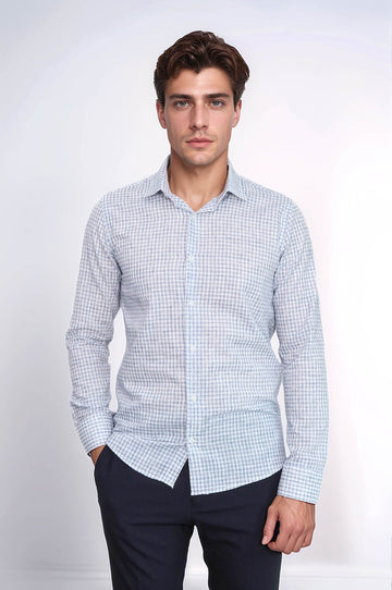 Men's Navy Blue Slim Fit Plaid Cotton Shirt | Wessi
