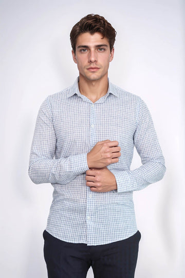 Men's Navy Blue Slim Fit Plaid Cotton Shirt | Wessi
