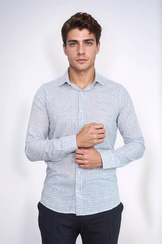 Men's Navy Blue Slim Fit Plaid Cotton Shirt | Wessi