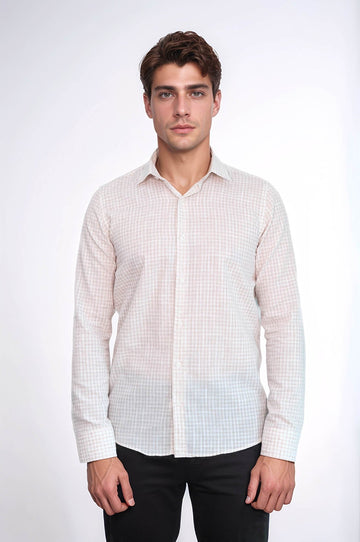 Men's Light Brown Slim Fit Plaid Cotton Shirt | Wessi