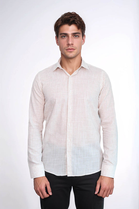 Men's Light Brown Slim Fit Plaid Cotton Shirt | Wessi