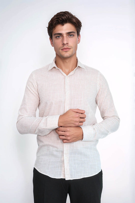 Men's Light Brown Slim Fit Plaid Cotton Shirt | Wessi