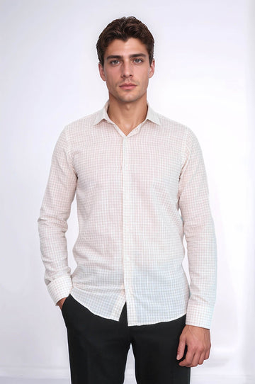Men's Light Brown Slim Fit Plaid Cotton Shirt | Wessi