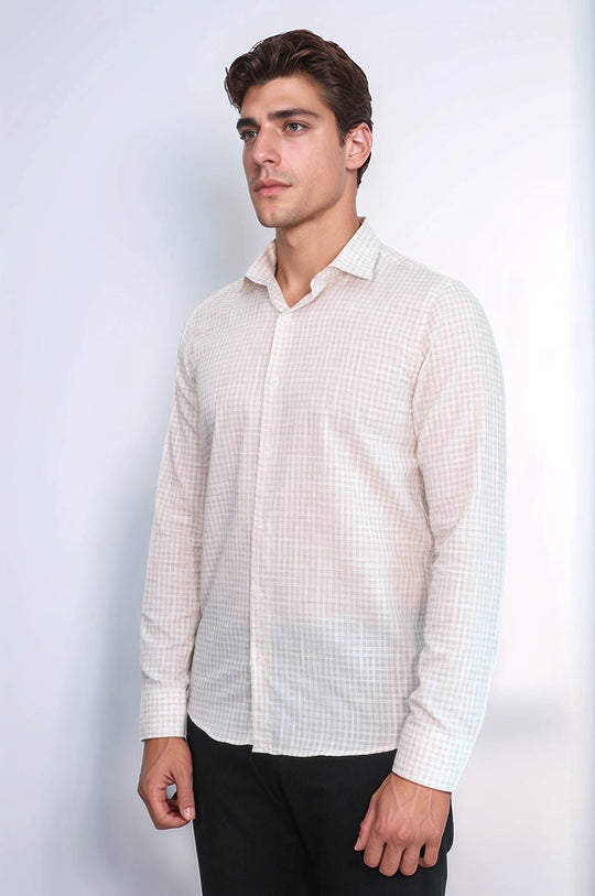 Men's Light Brown Slim Fit Plaid Cotton Shirt | Wessi