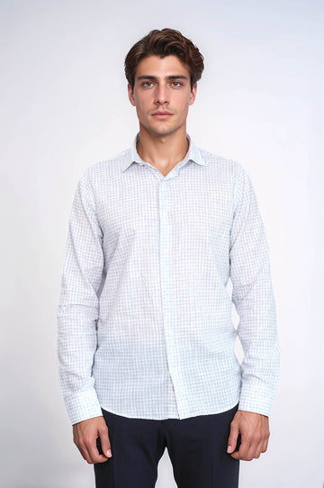 Men's Sky Blue Slim Fit Plaid Cotton Shirt | Wessi