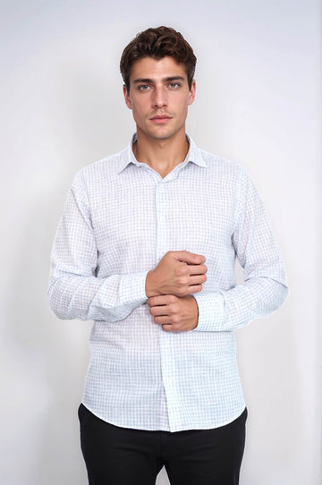 Men's Sky Blue Slim Fit Plaid Cotton Shirt | Wessi