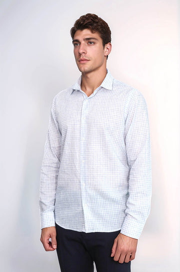 Men's Sky Blue Slim Fit Plaid Cotton Shirt | Wessi