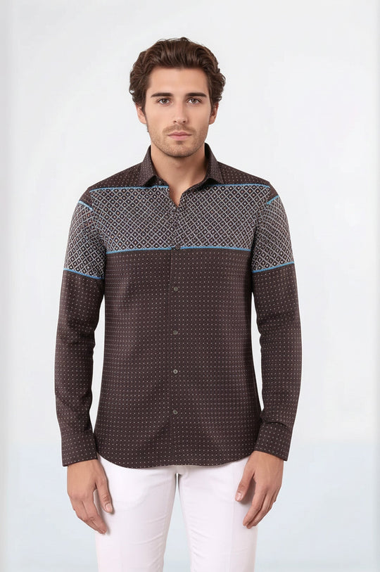Printed Slim Fit Brown Shirt | Wessi