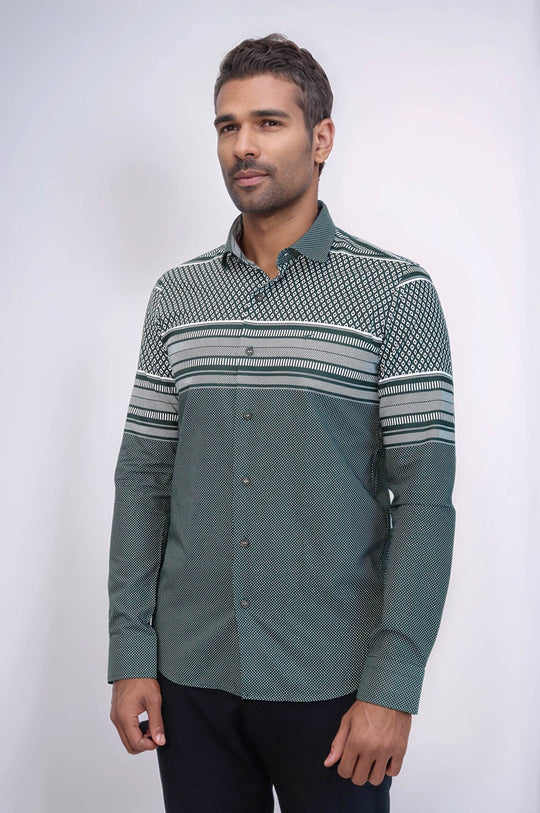 Men's Green Slim Fit Shirt with Diamond Pattern | Wessi