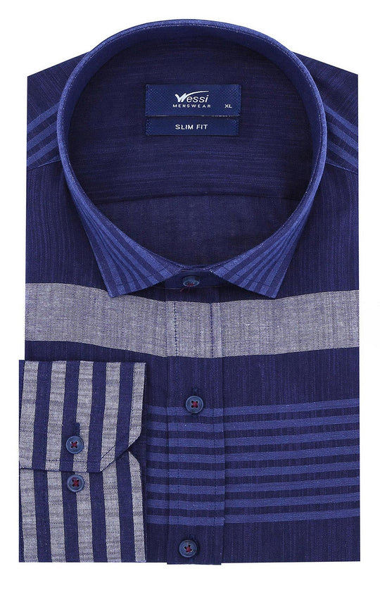 Men's Navy Blue Slim Fit Striped Cotton Shirt | Wessi