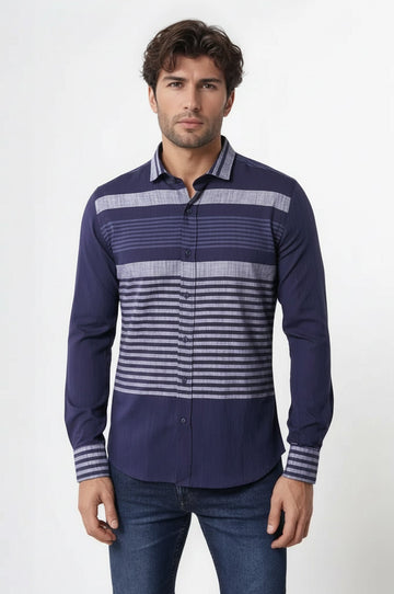 Men's Navy Blue Slim Fit Striped Cotton Shirt | Wessi