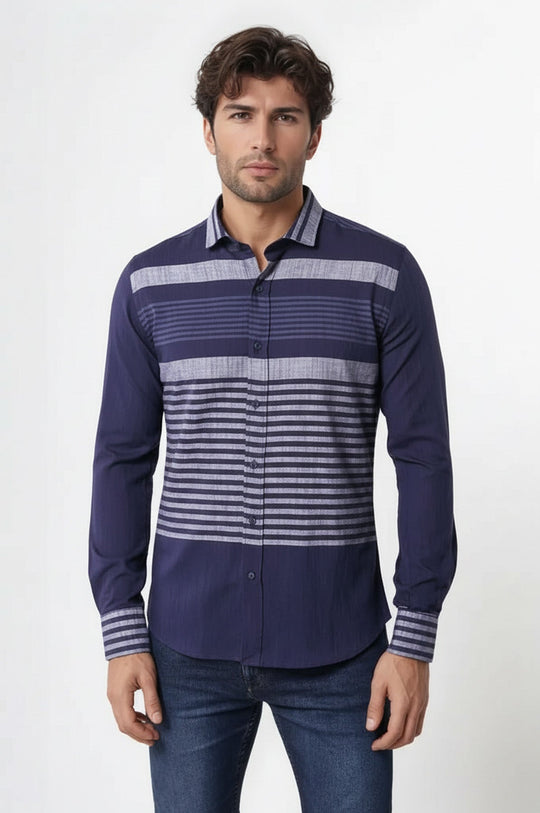 Men's Navy Blue Slim Fit Striped Cotton Shirt | Wessi