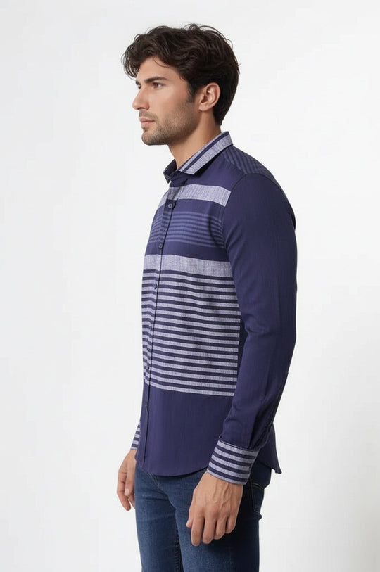Men's Navy Blue Slim Fit Striped Cotton Shirt | Wessi