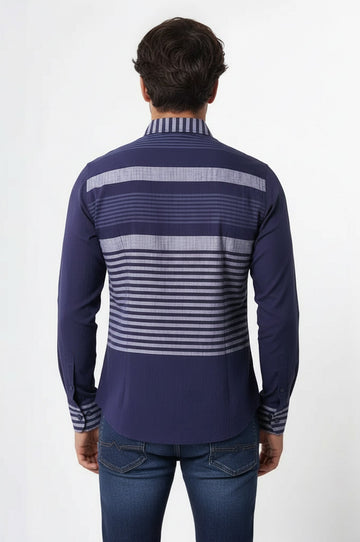 Men's Navy Blue Slim Fit Striped Cotton Shirt | Wessi