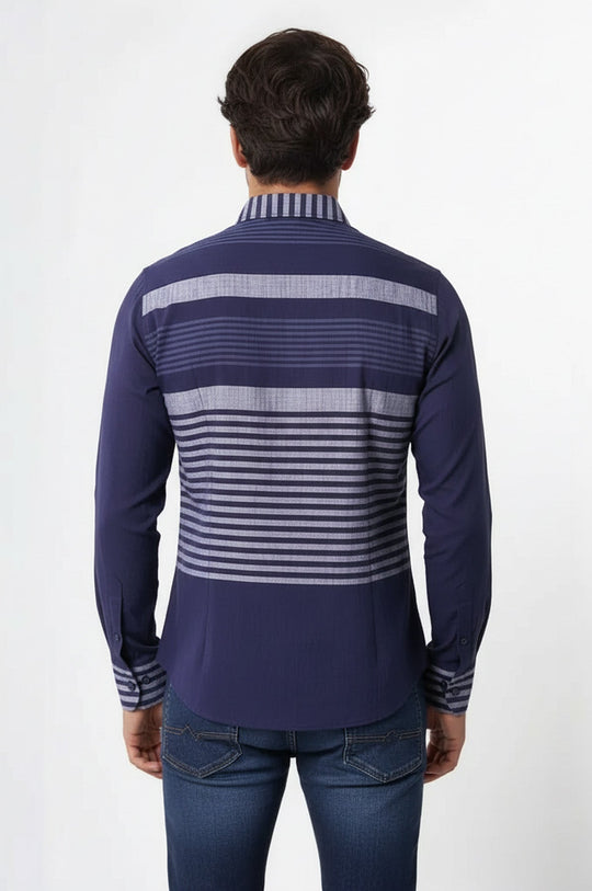 Men's Navy Blue Slim Fit Striped Cotton Shirt | Wessi