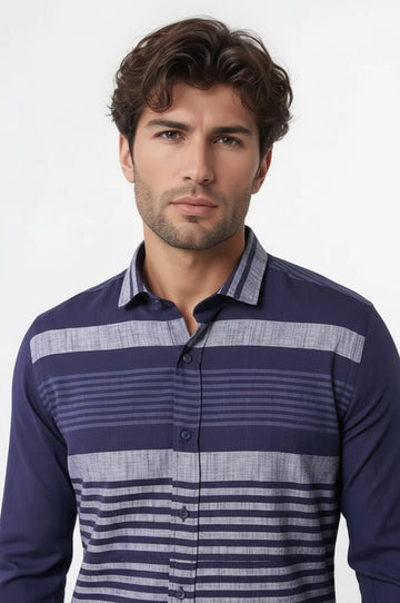 Men's Navy Blue Slim Fit Striped Cotton Shirt | Wessi