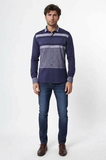 Men's Navy Blue Slim Fit Striped Cotton Shirt | Wessi