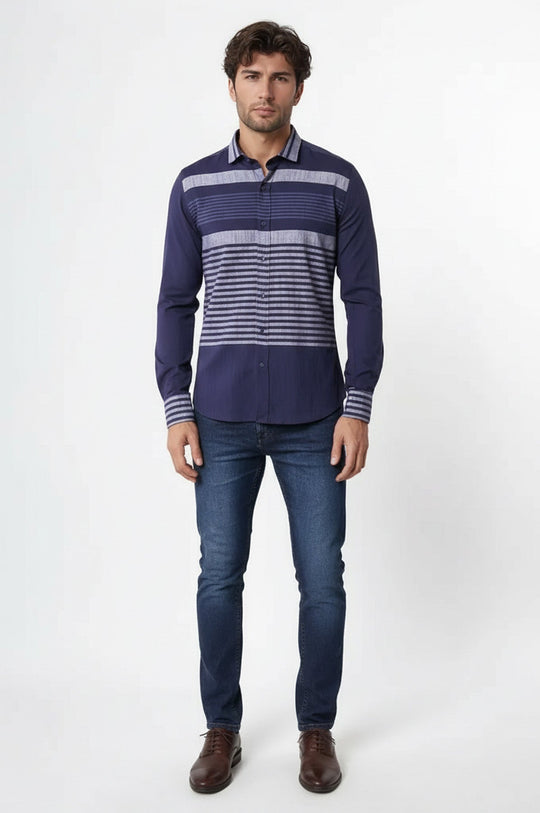Men's Navy Blue Slim Fit Striped Cotton Shirt | Wessi
