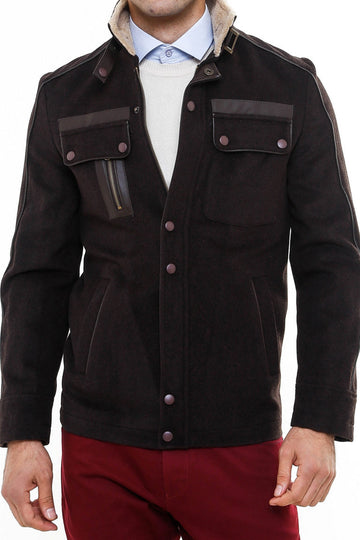 Brown Slim Fit Fur Collar Zip Pocket Coat | Wessi