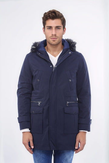 Navy Blue Fur-Hooded Overcoat – Wessi
