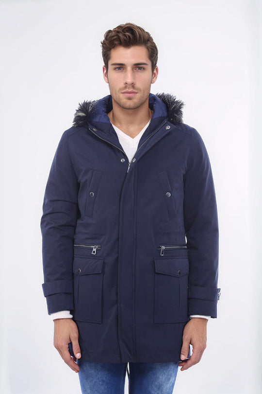 Navy Blue Fur-Hooded Overcoat – Wessi