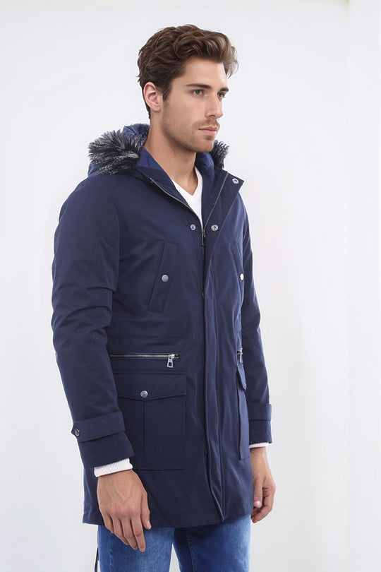 Navy Blue Fur-Hooded Overcoat – Wessi