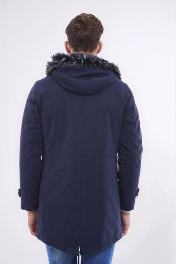 Navy Blue Fur-Hooded Overcoat – Wessi