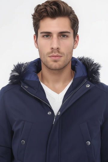 Navy Blue Fur-Hooded Overcoat – Wessi