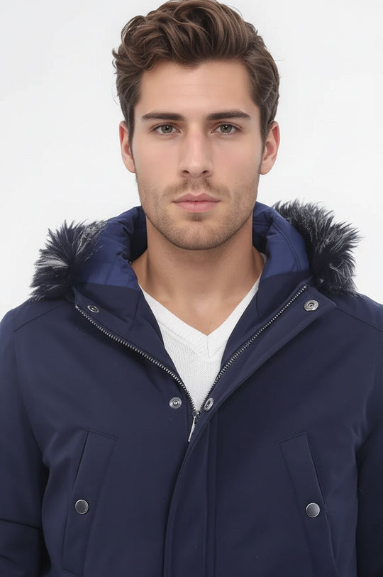 Navy Blue Fur-Hooded Overcoat – Wessi