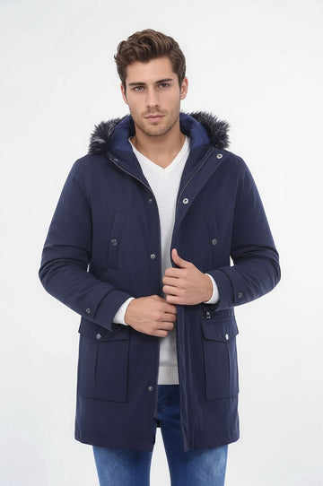 Navy Blue Fur-Hooded Overcoat – Wessi