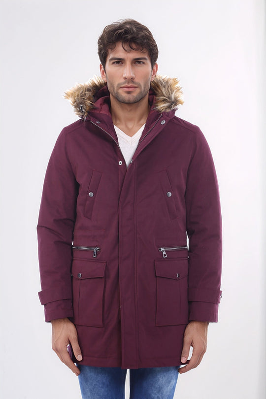 Standard Fit Fur-Hooded Burgundy Long Coat — Wessi