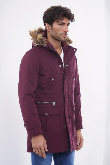 Standard Fit Fur-Hooded Burgundy Long Coat — Wessi