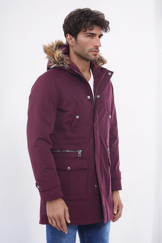 Standard Fit Fur-Hooded Burgundy Long Coat — Wessi