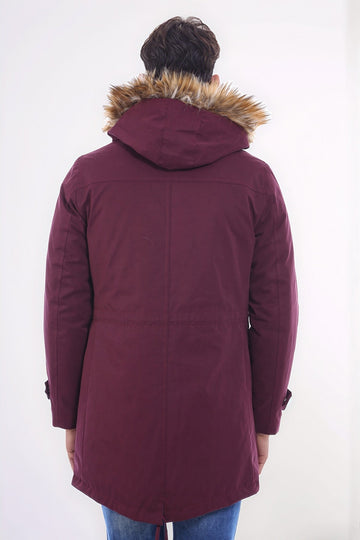 Standard Fit Fur-Hooded Burgundy Long Coat — Wessi