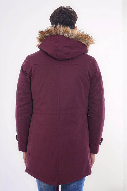 Standard Fit Fur-Hooded Burgundy Long Coat — Wessi