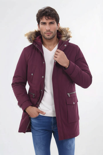 Standard Fit Fur-Hooded Burgundy Long Coat — Wessi
