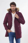 Standard Fit Fur-Hooded Burgundy Long Coat — Wessi
