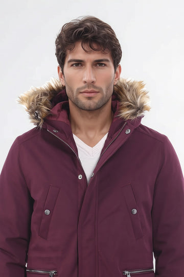 Standard Fit Fur-Hooded Burgundy Long Coat — Wessi