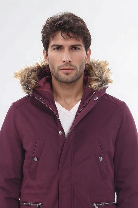 Standard Fit Fur-Hooded Burgundy Long Coat — Wessi