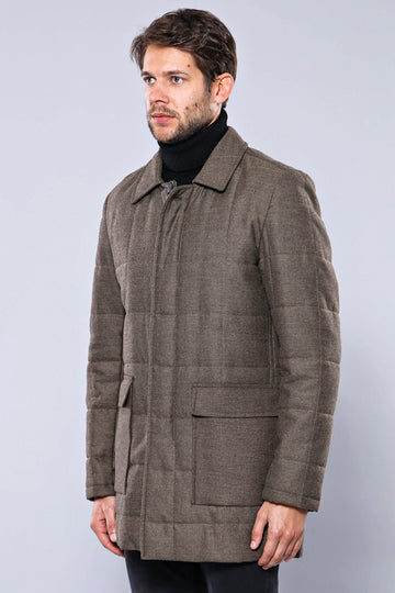 Tan Slim Fit Quilted Zip Pocket Long Coat | Wessi
