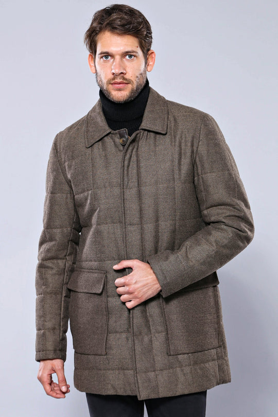 Tan Slim Fit Quilted Zip Pocket Long Coat | Wessi