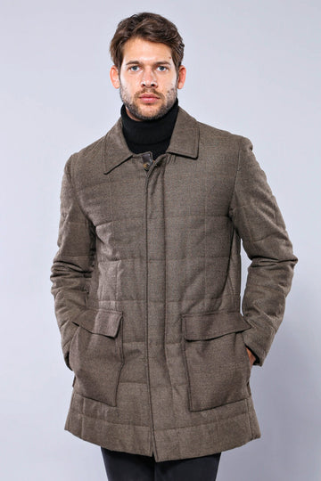Tan Slim Fit Quilted Zip Pocket Long Coat | Wessi