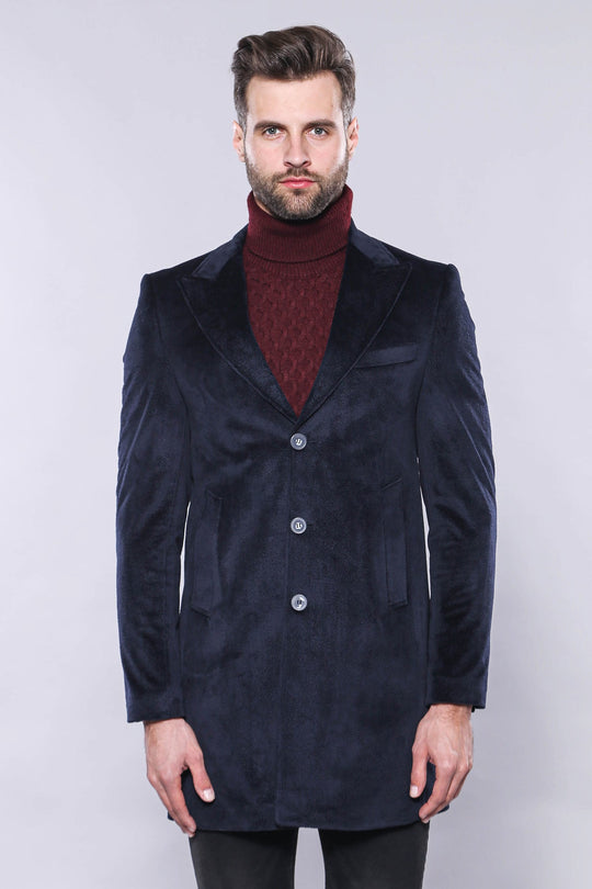 Navy Blue Slim Fit Peak Wide Lapel Short Coat – Wessi